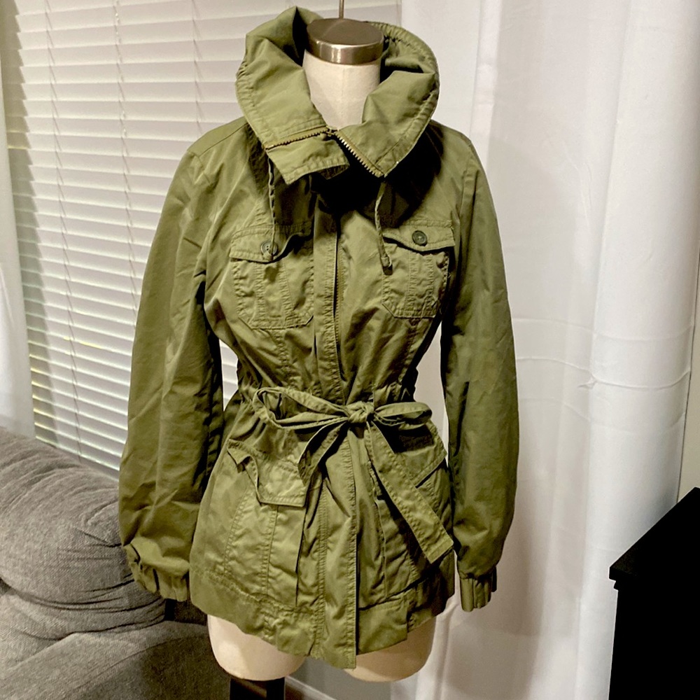 Green Safari Military Utility Jacket Funnel Neck Tie Waist